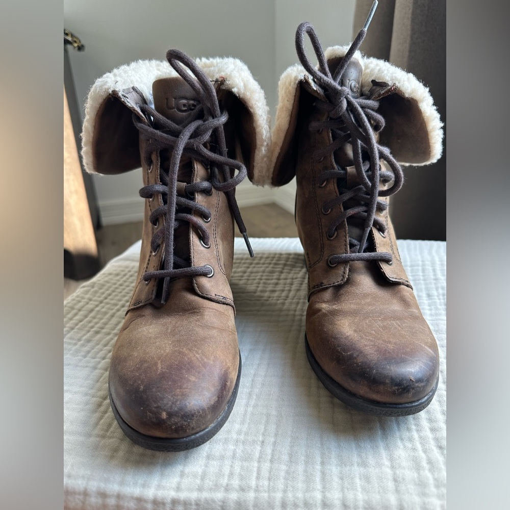 UGG ZEA Wedge Waterproof Sheepskin Fur Boots Womens